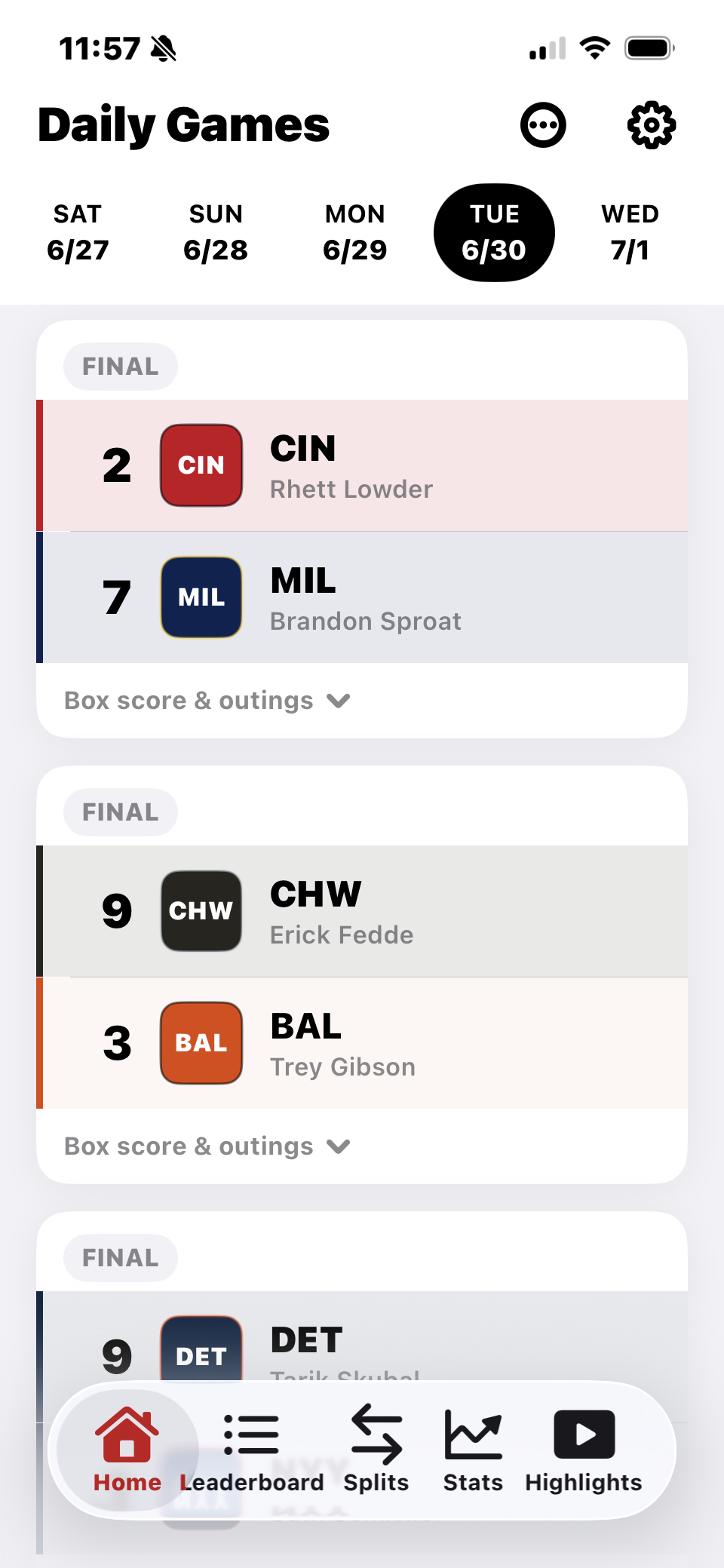 Home · daily game slate